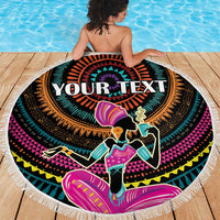 Round beach blanket with fringe, bold African woman graphic and colorful mandala design
