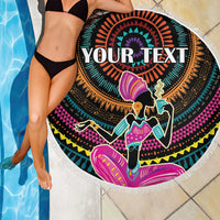 Round beach blanket with fringe, dark base with African woman graphic and “YOUR TEXT”