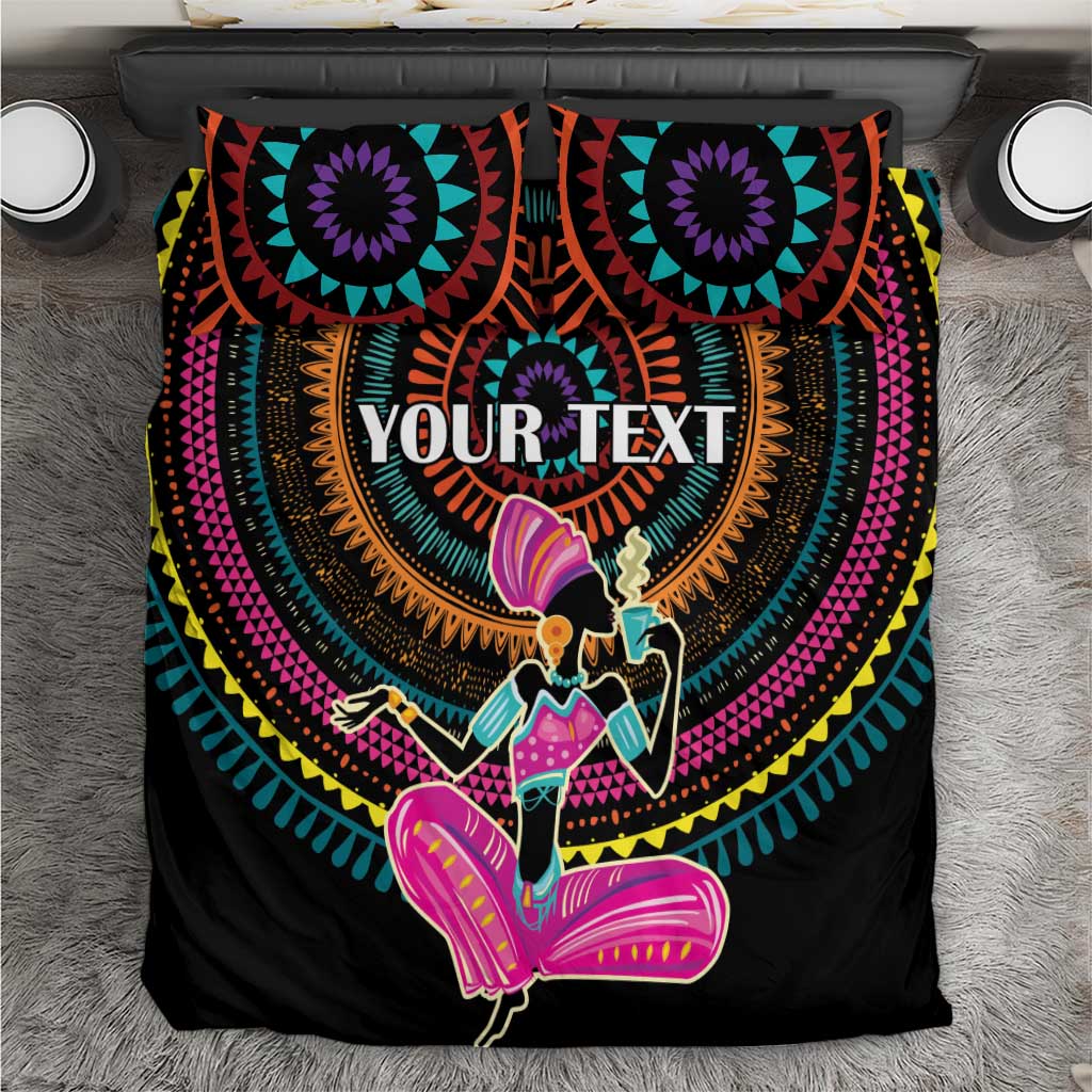 Personalized Africa bedding set top view: black comforter with colorful mandala and “YOUR TEXT”