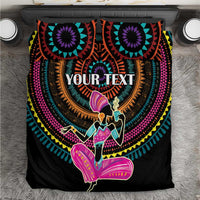 Personalized Africa bedding set top view: black comforter with colorful mandala and “YOUR TEXT”