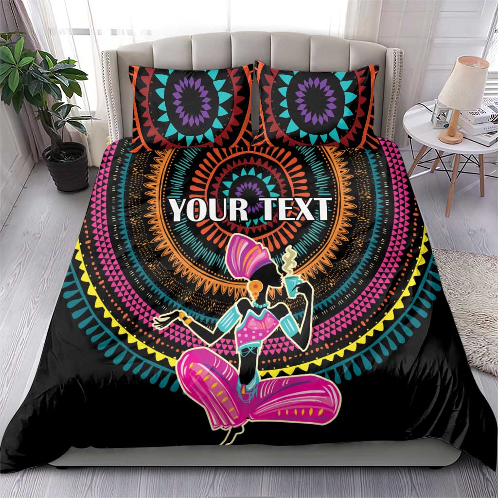 Personalized Africa bedding set on bed: black comforter with mandala artwork and “YOUR TEXT”