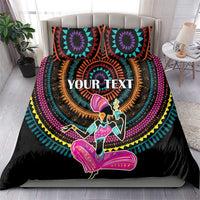 Personalized Africa bedding set on bed: black comforter with mandala artwork and “YOUR TEXT”