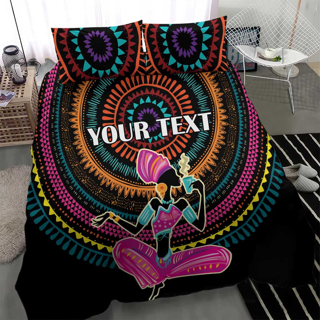 Personalized Africa bedding set with bold mandala print and “YOUR TEXT” on black comforter