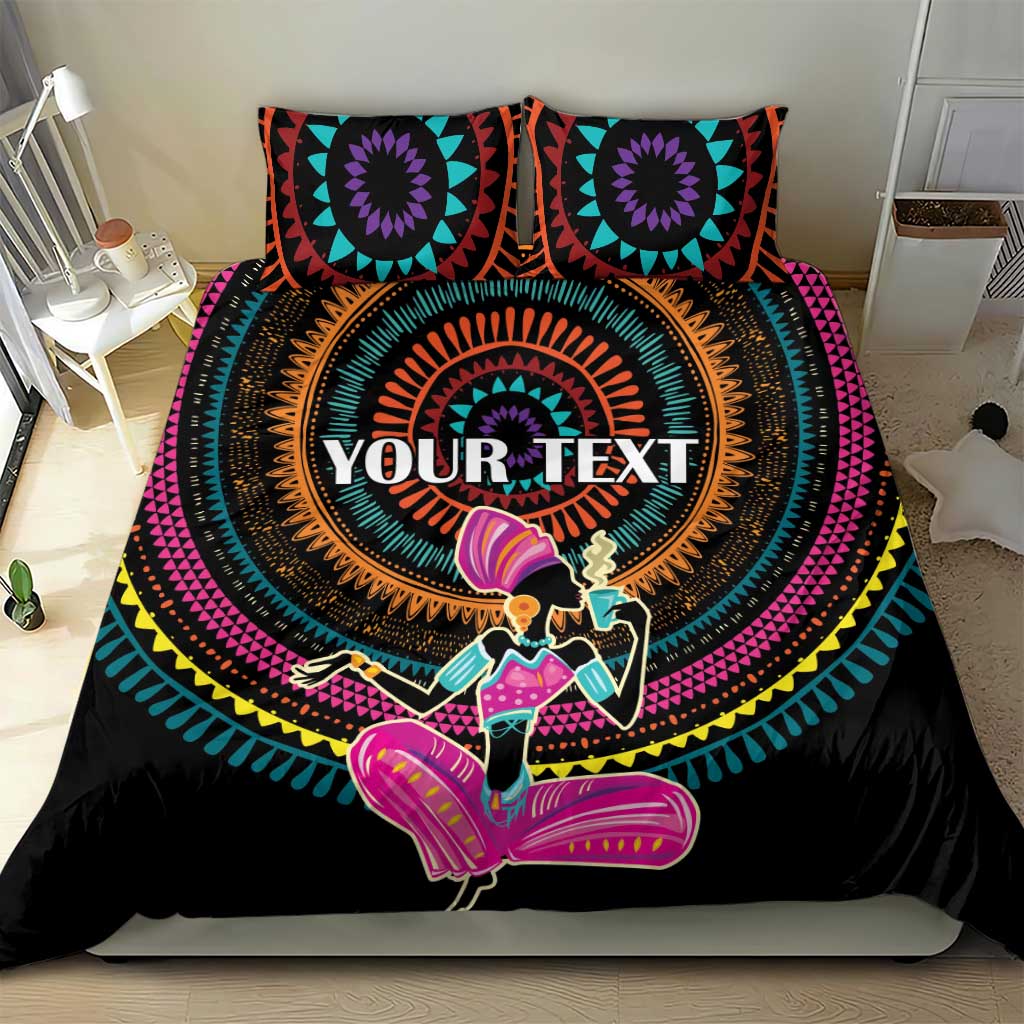 Personalized Africa bedding set, black bedding with colorful mandala pattern and “YOUR TEXT”