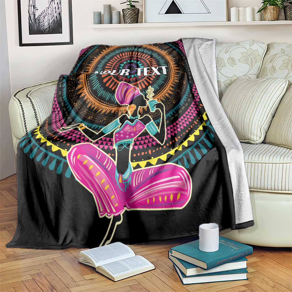 Personalized Africa blanket in black with colorful woman and circular 'YOUR TEXT' print