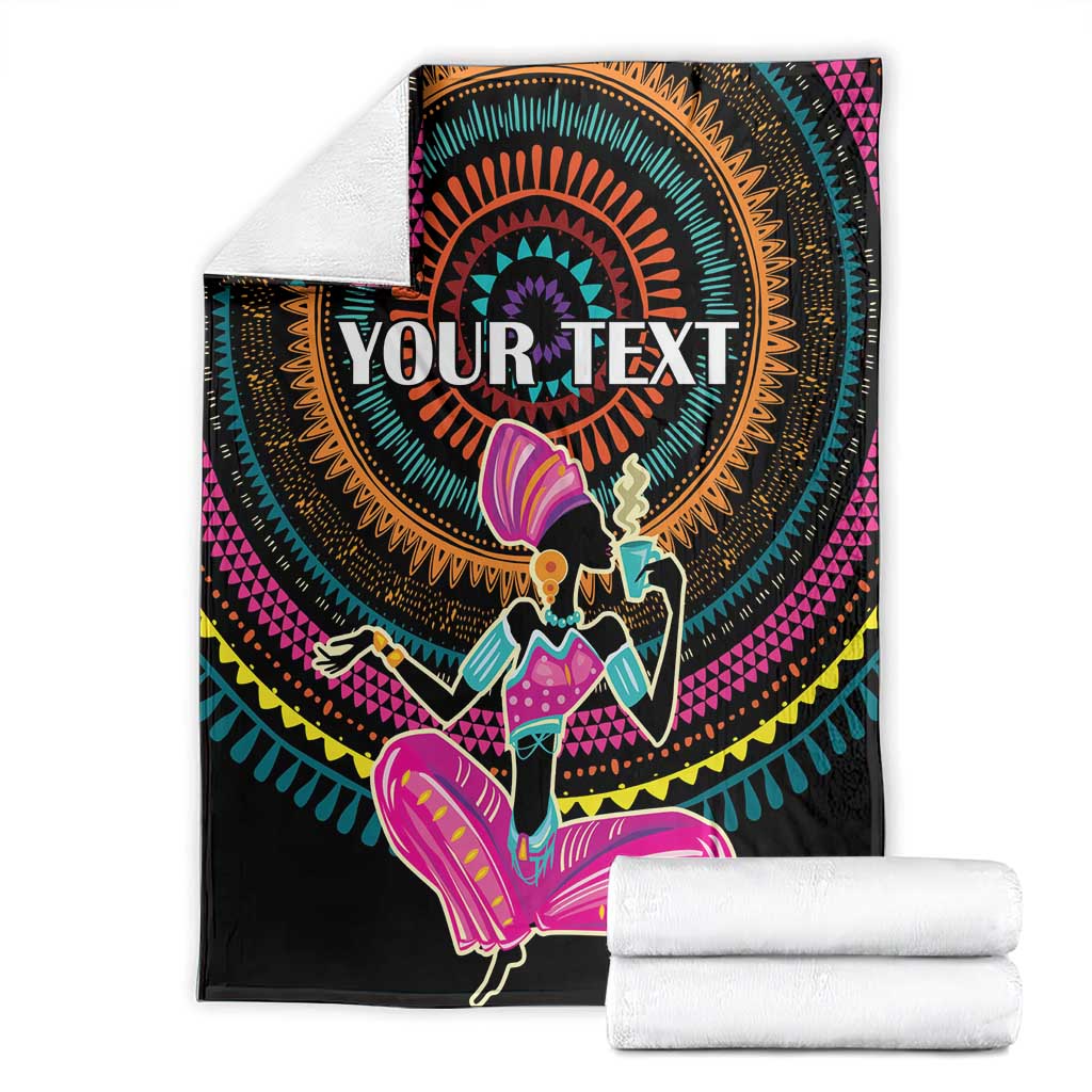 Personalized Africa blanket in black with 'YOUR TEXT' circular artwork and folded white stack