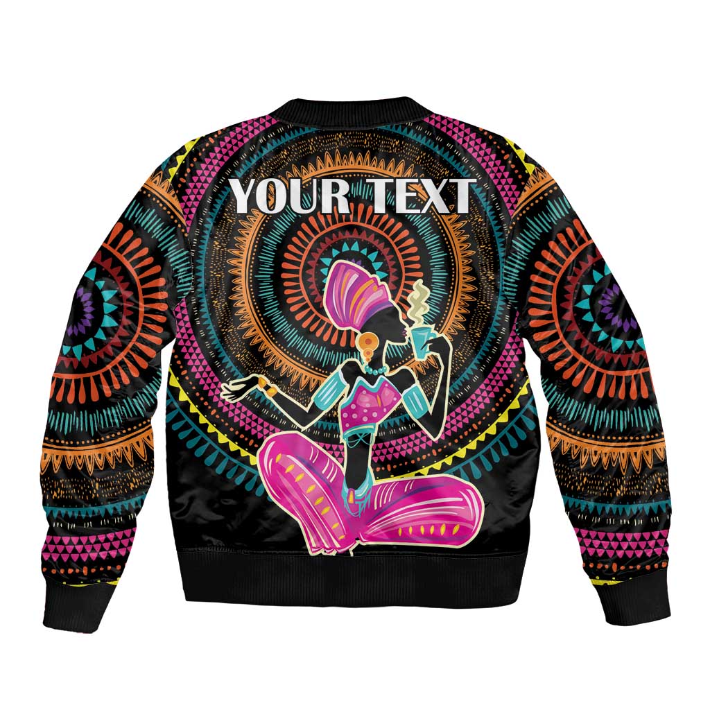 Black bomber jacket back with vivid circular graphic and custom text area, ribbed hem and cuffs