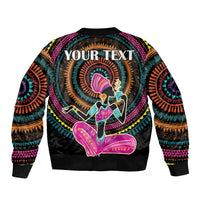 Black bomber jacket back with vivid circular graphic and custom text area, ribbed hem and cuffs