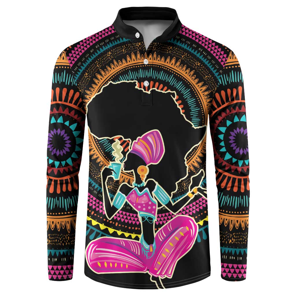 Black button-front sweatshirt with seated African woman graphic and patterned sleeves