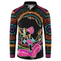 Black button-front sweatshirt with seated African woman graphic and patterned sleeves