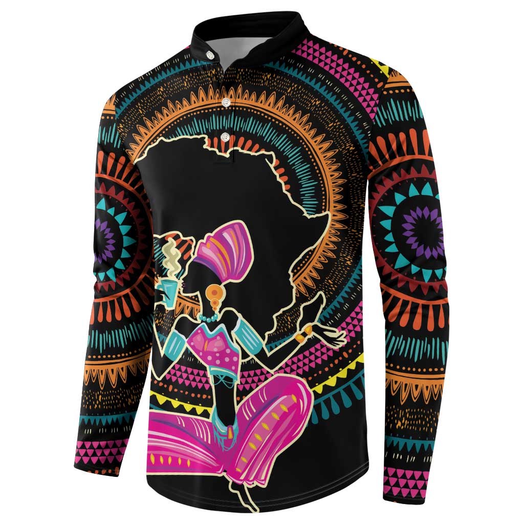 Black button-front sweatshirt with colorful African woman graphic and patterned sleeves