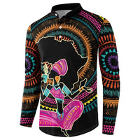 Black button-front sweatshirt with colorful African woman graphic and patterned sleeves