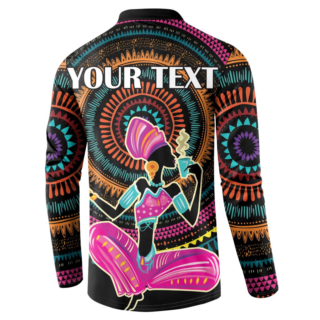 Black button-front sweatshirt with colorful African woman graphic and 'Your Text' on back