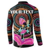 Black button-front sweatshirt with colorful African woman graphic and 'Your Text' on back