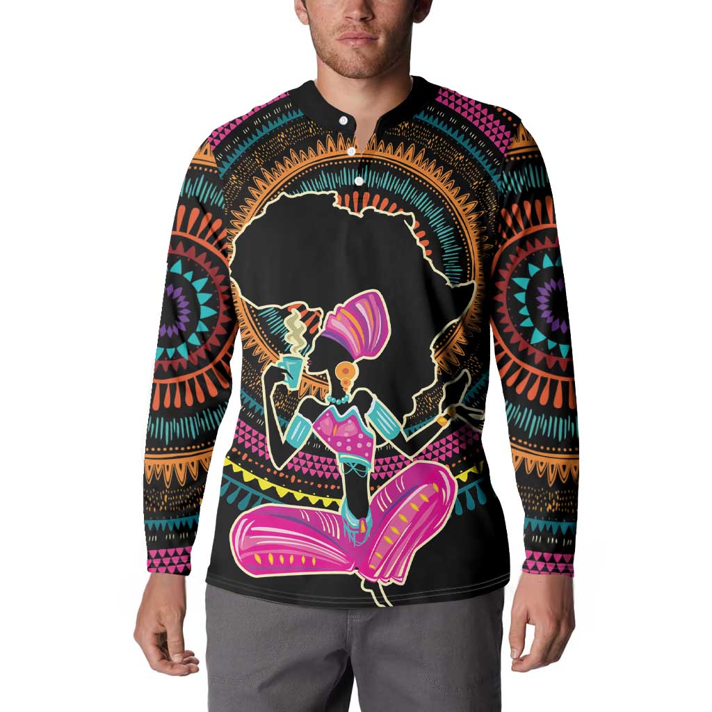 Black button-front sweatshirt with colorful African woman graphic on front