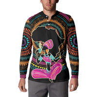 Black button-front sweatshirt with colorful African woman graphic on front