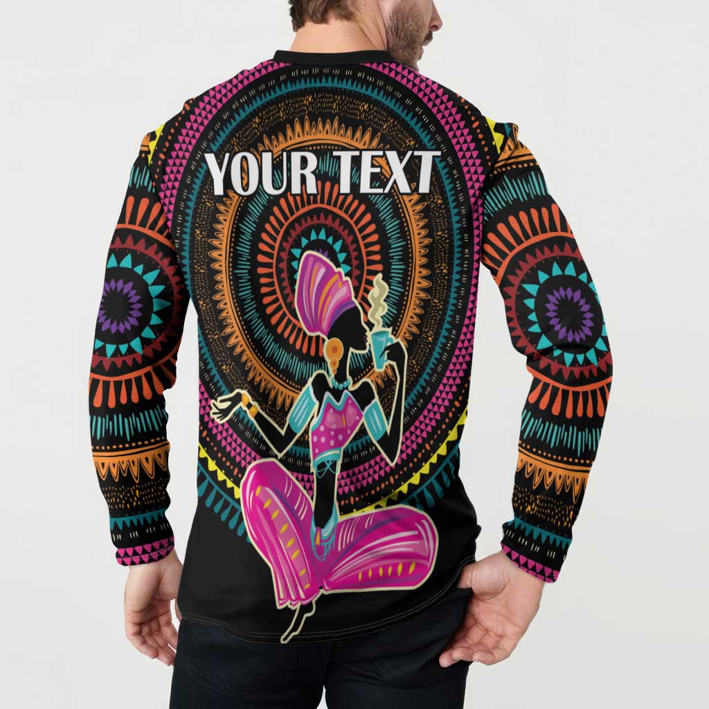 Black sweatshirt back shows 'Your Text' and colorful African woman graphic