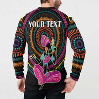 Black sweatshirt back shows 'Your Text' and colorful African woman graphic