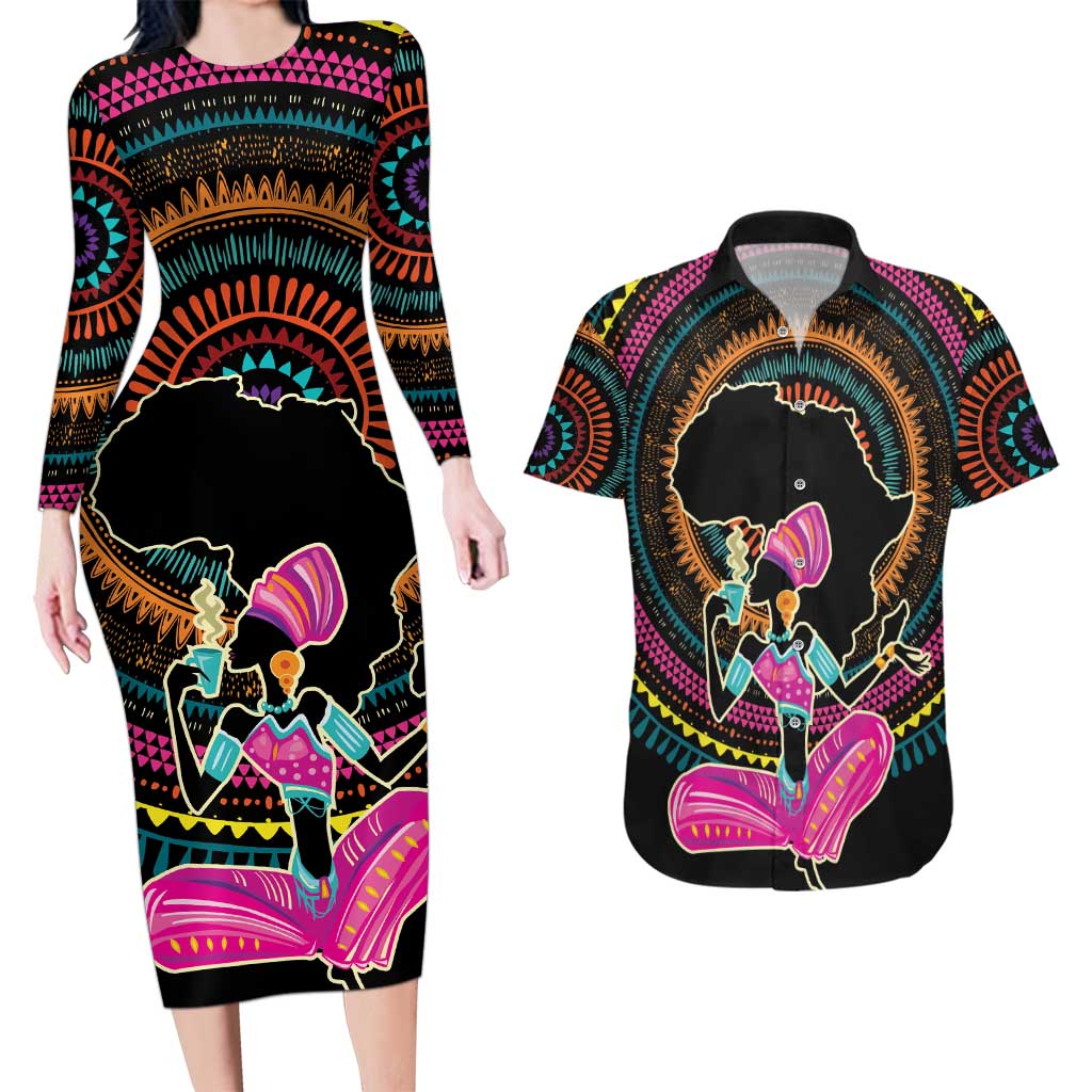 Personalized Africa Couples Matching Long Sleeve Bodycon Dress and Hawaiian Shirt Beautiful Black Woman - Wonder Print Shop