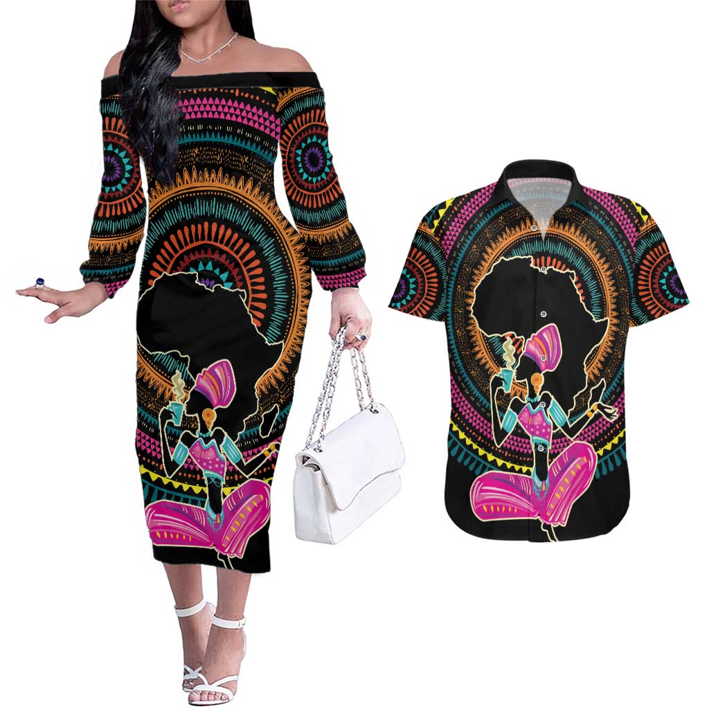 Personalized Africa Couples Matching Off The Shoulder Long Sleeve Dress and Hawaiian Shirt Beautiful Black Woman - Wonder Print Shop