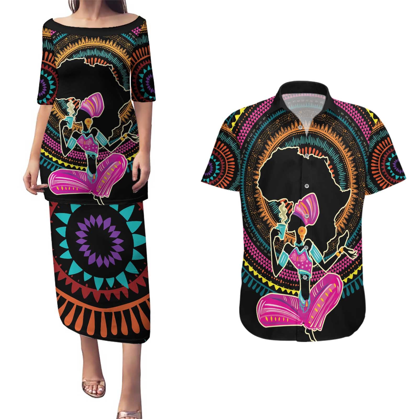 Personalized Africa Couples Matching Puletasi and Hawaiian Shirt Beautiful Black Woman - Wonder Print Shop