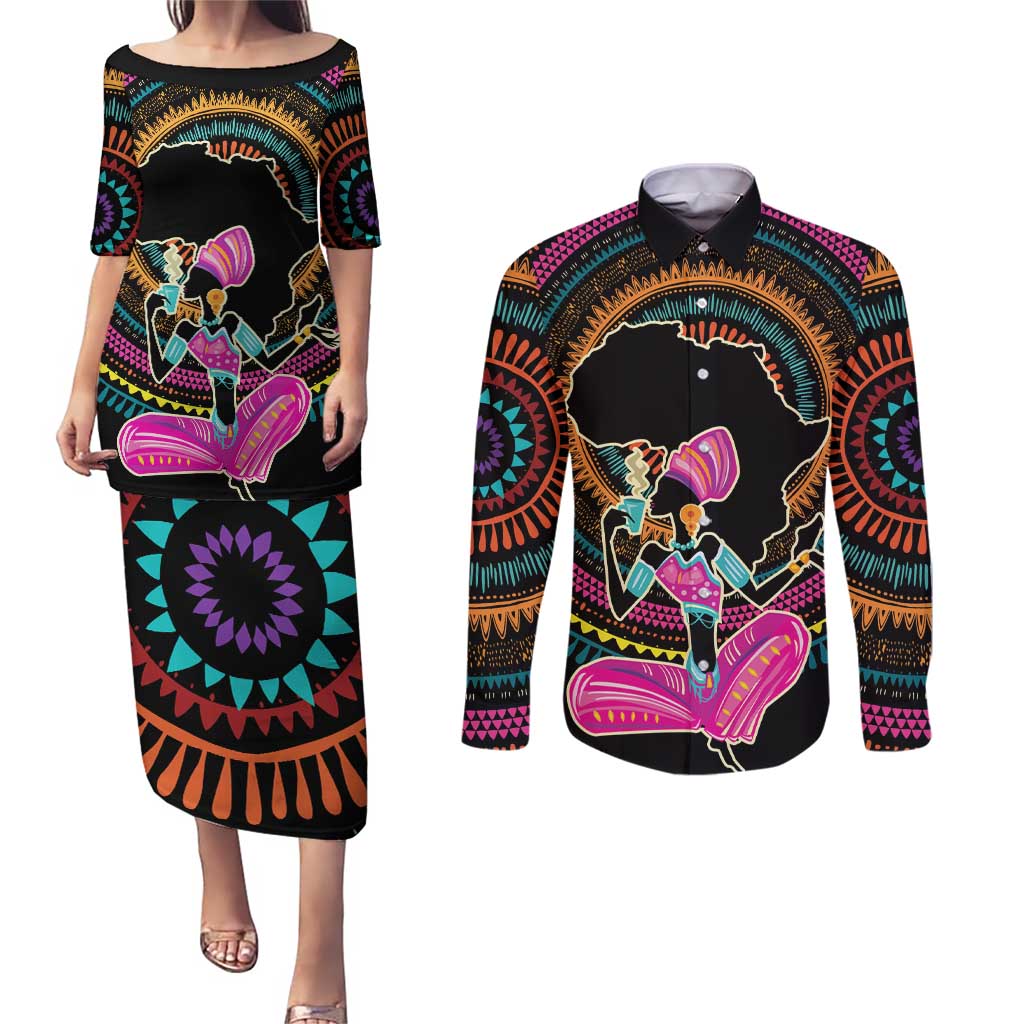 Personalized Africa Couples Matching Puletasi and Long Sleeve Button Shirt Beautiful Black Woman - Wonder Print Shop