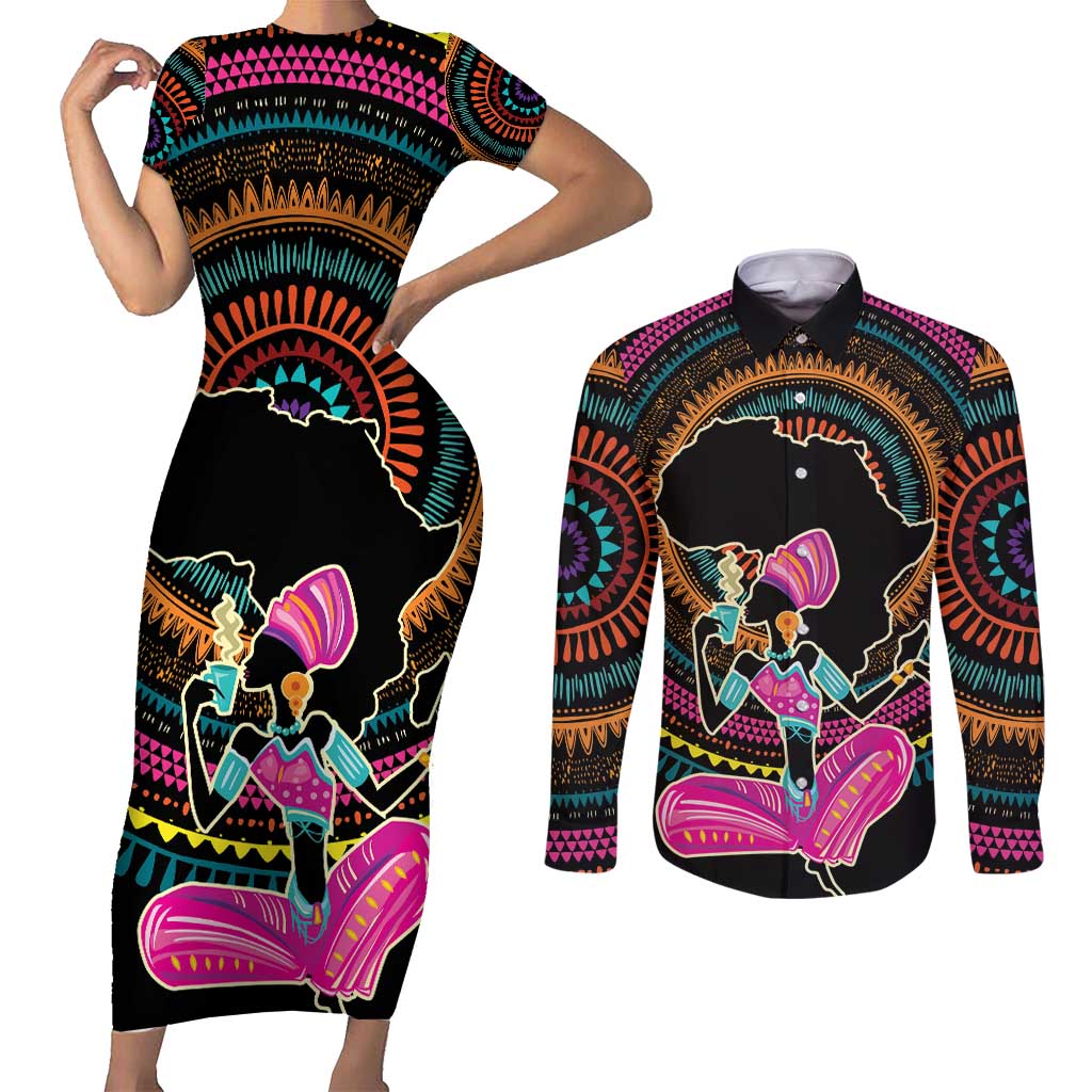 Personalized Africa Couples Matching Short Sleeve Bodycon Dress and Long Sleeve Button Shirt Beautiful Black Woman - Wonder Print Shop