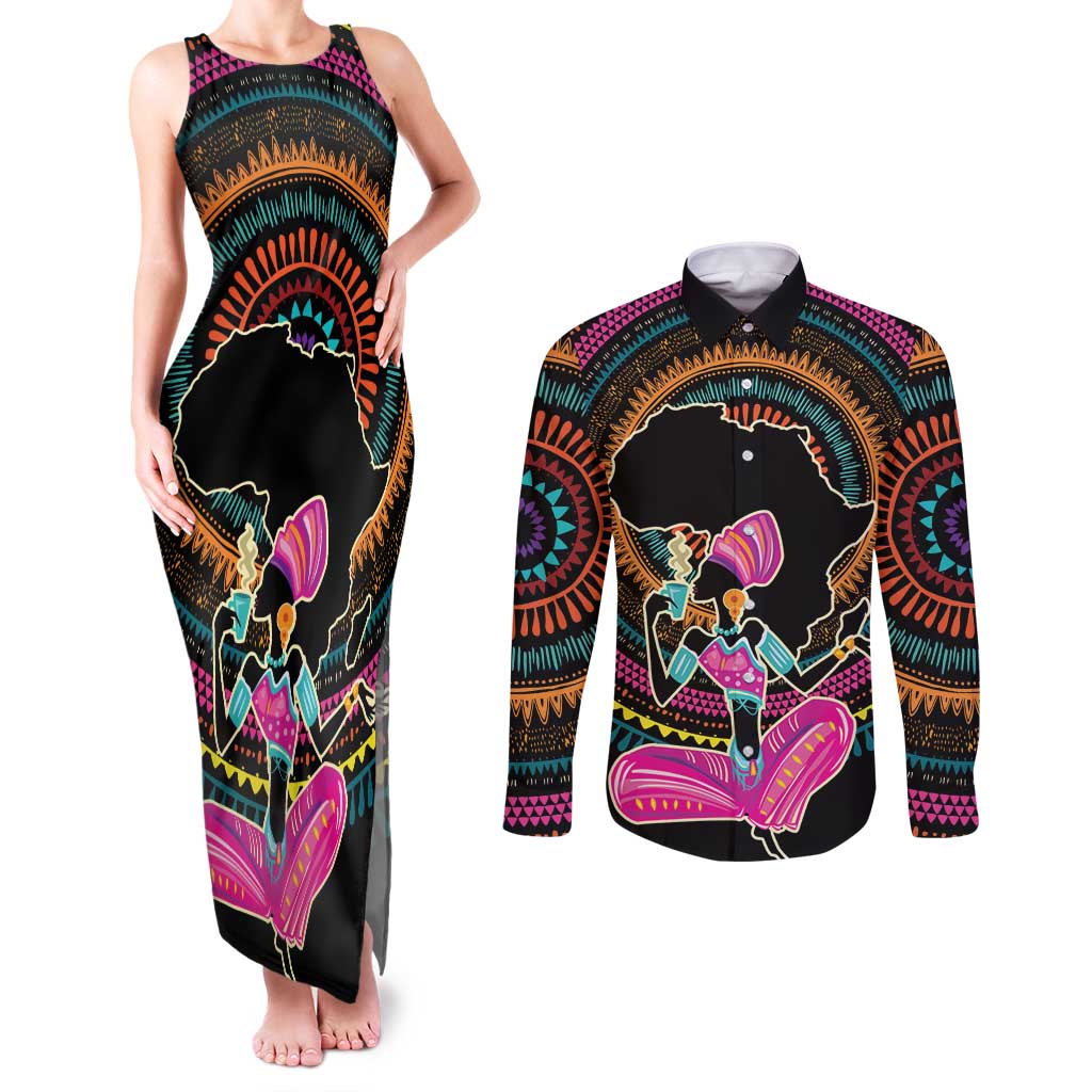 Personalized Africa Couples Matching Tank Maxi Dress and Long Sleeve Button Shirt Beautiful Black Woman - Wonder Print Shop