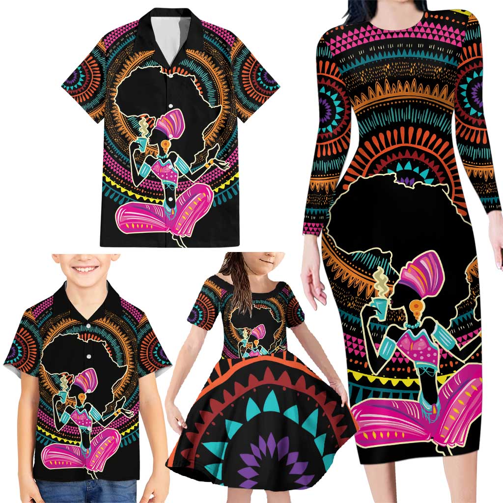 Personalized Africa Family Matching Long Sleeve Bodycon Dress and Hawaiian Shirt Beautiful Black Woman - Wonder Print Shop