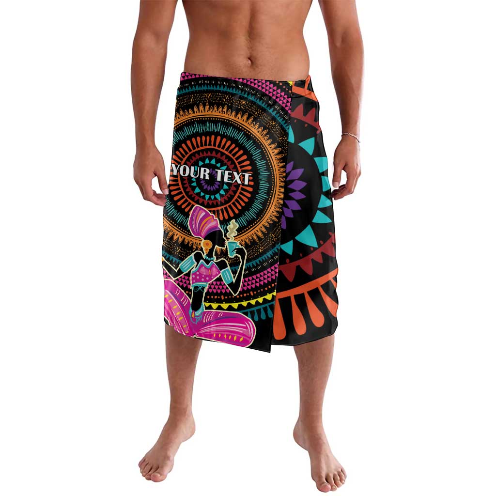 Black lavalava skirt with 'YOUR TEXT' and elephant artwork, circular border
