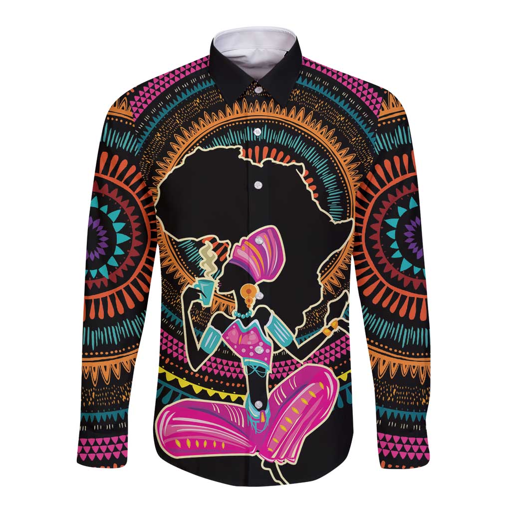 Black long-sleeve button shirt with colorful African dashiki-style print