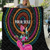 Black quilt with vibrant tribal circle design, "YOUR TEXT" and woman silhouette