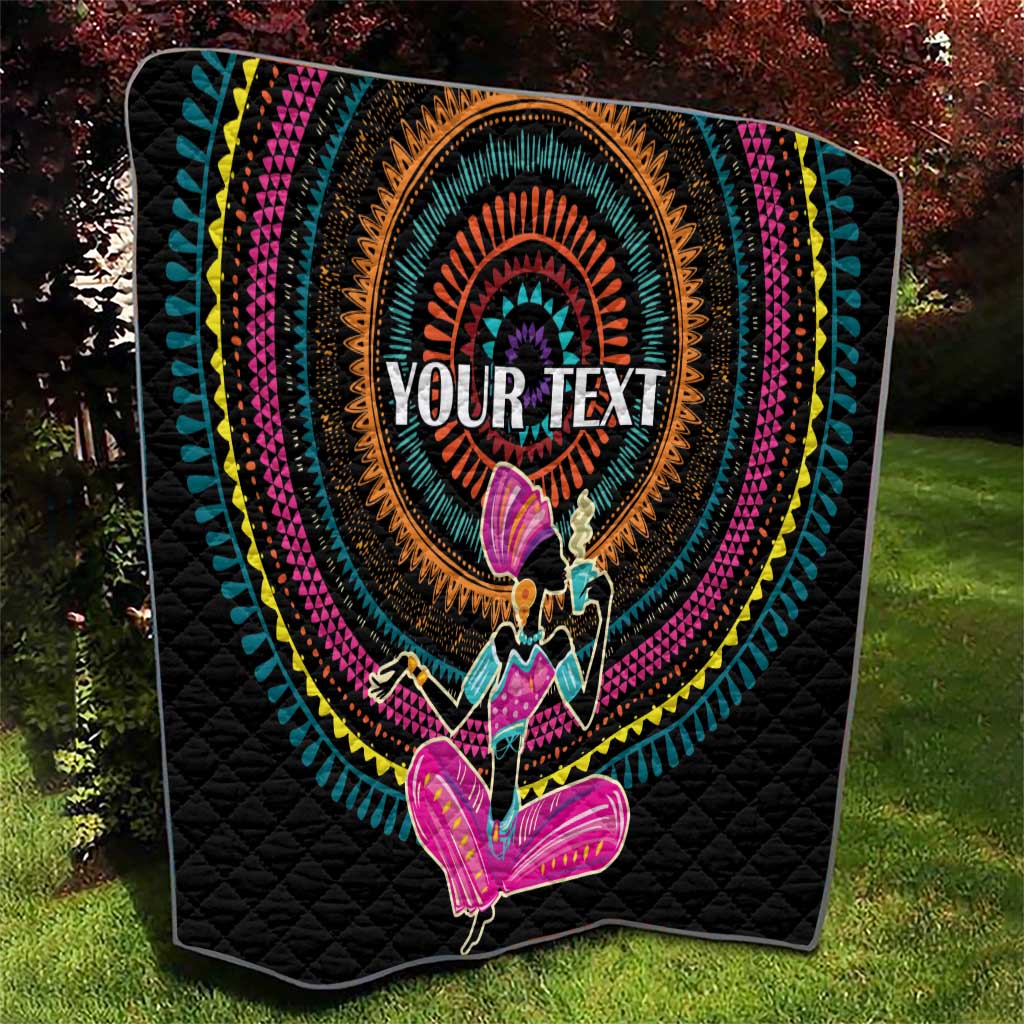 Black quilt with colorful tribal circle pattern, "YOUR TEXT" and woman silhouette