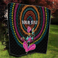 Black quilt with colorful tribal circle pattern, "YOUR TEXT" and woman silhouette