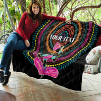 Black quilt with colorful tribal circle artwork, "YOUR TEXT" and woman silhouette