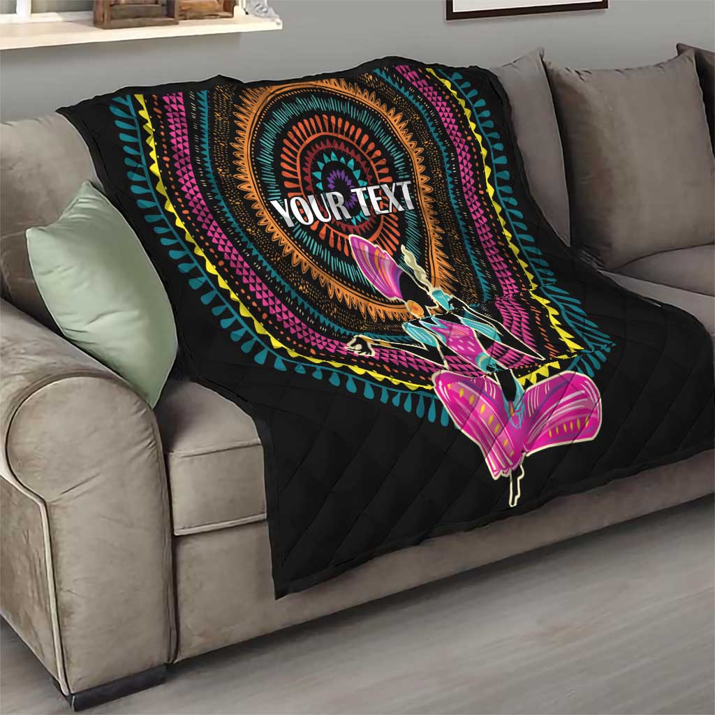 Black quilt with colorful tribal mandala print, "YOUR TEXT" and woman silhouette