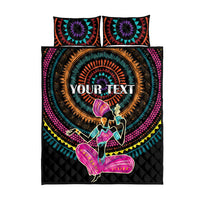 Africa quilt bed set with two matching pillows, black with mandalas, dancers, 'YOUR TEXT'