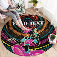 Personalized round rug with African woman illustration, geometric border, and 'YOUR TEXT' print.