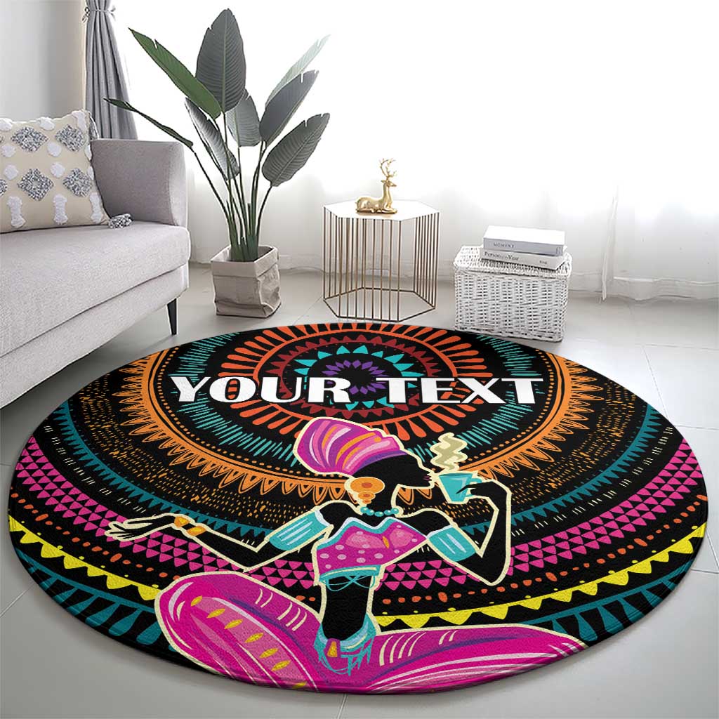 Personalized round rug featuring African woman artwork with 'YOUR TEXT' in the center.