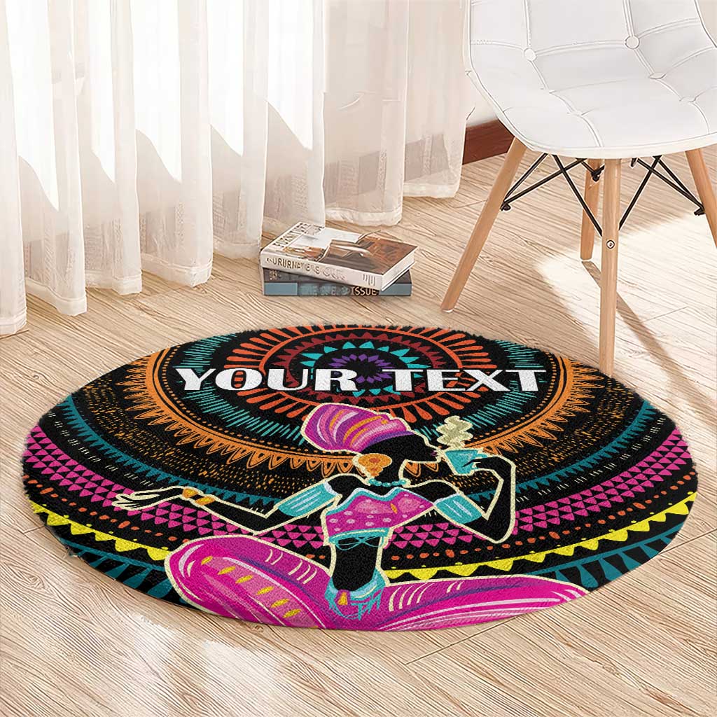 Personalized round rug with 'YOUR TEXT' center and colorful African woman design on dark base.