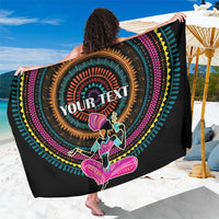 Black personalized sarong with 'YOUR TEXT' mandala print, draped blanket styling