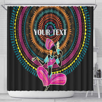 Black shower curtain front view, featuring African woman artwork and circular mandala with “YOUR TEXT”.