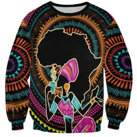 Africa-themed black sweatshirt with colorful circle patterns and woman silhouette graphic