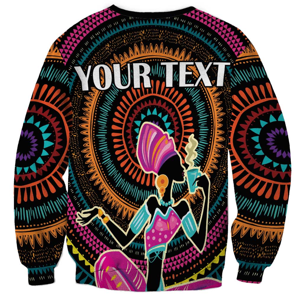 Africa-themed black sweatshirt back with 'YOUR TEXT' and seated woman colorful design