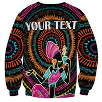 Africa-themed black sweatshirt back with 'YOUR TEXT' and seated woman colorful design