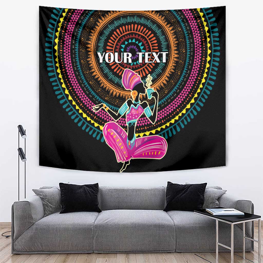 Black Africa woman tapestry wall hanging with circular multicolor design and 'YOUR TEXT'