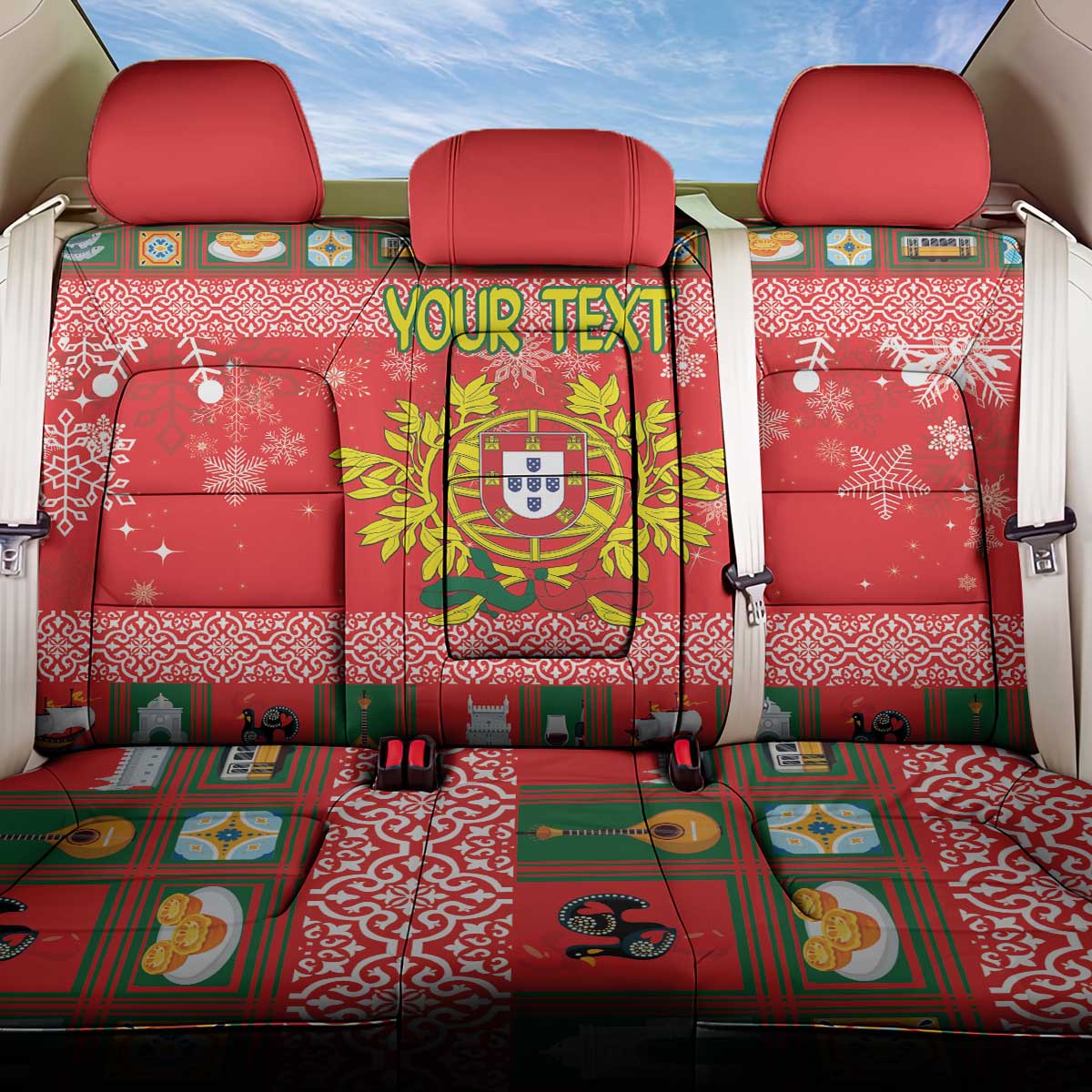 Personalized Portugal Christmas Back Car Seat Cover Coat Of Arms - Feliz Natal - Wonder Print Shop