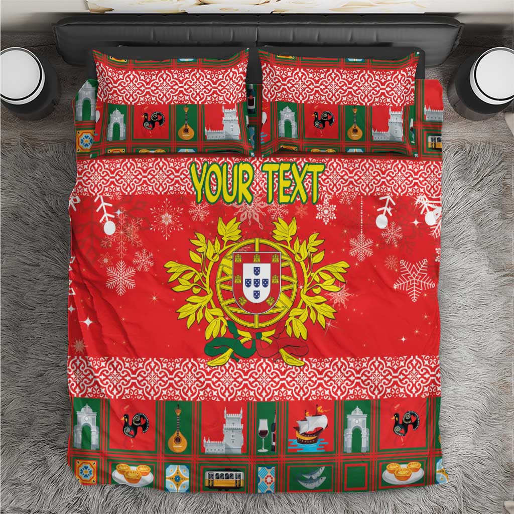 Red Christmas bedding set with coat of arms motif and 'YOUR TEXT' on duvet front