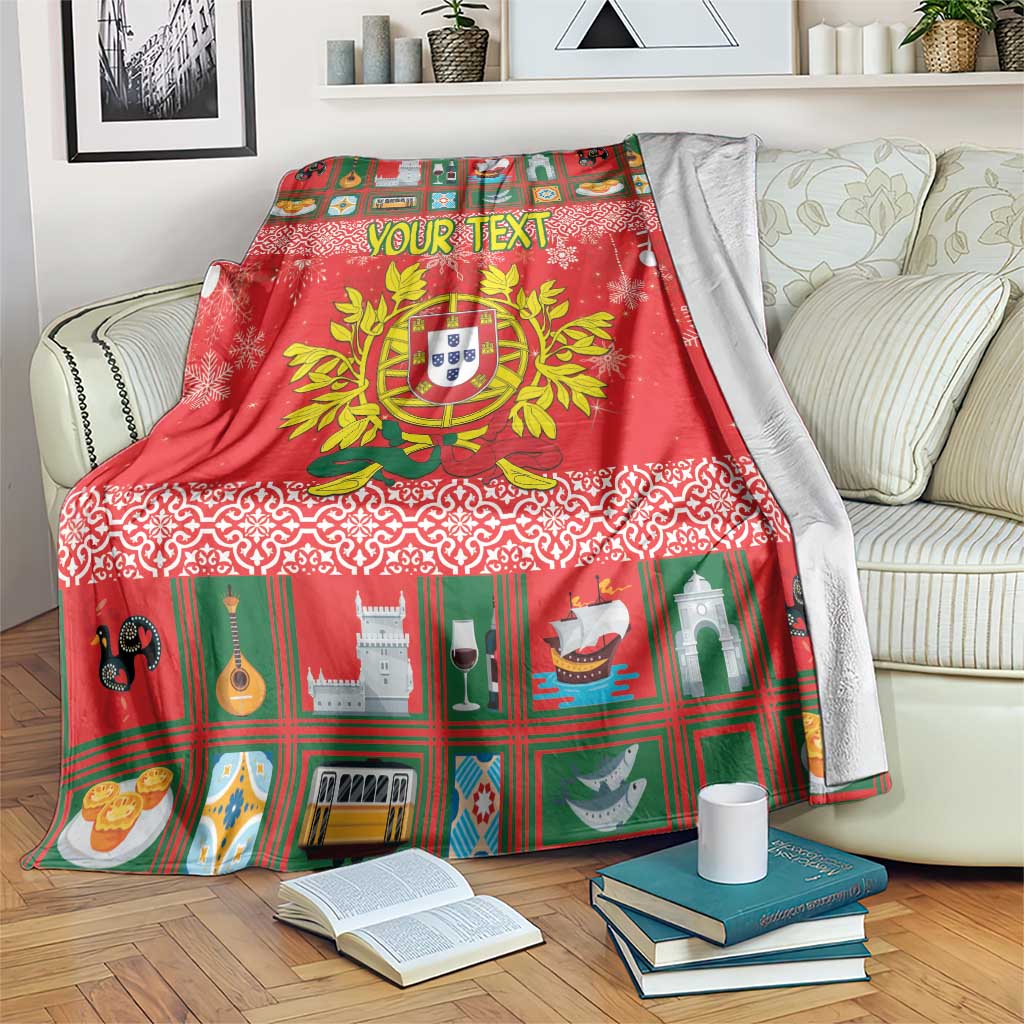 Red Portugal Christmas blanket with coat-of-arms wreath and "YOUR TEXT" banner