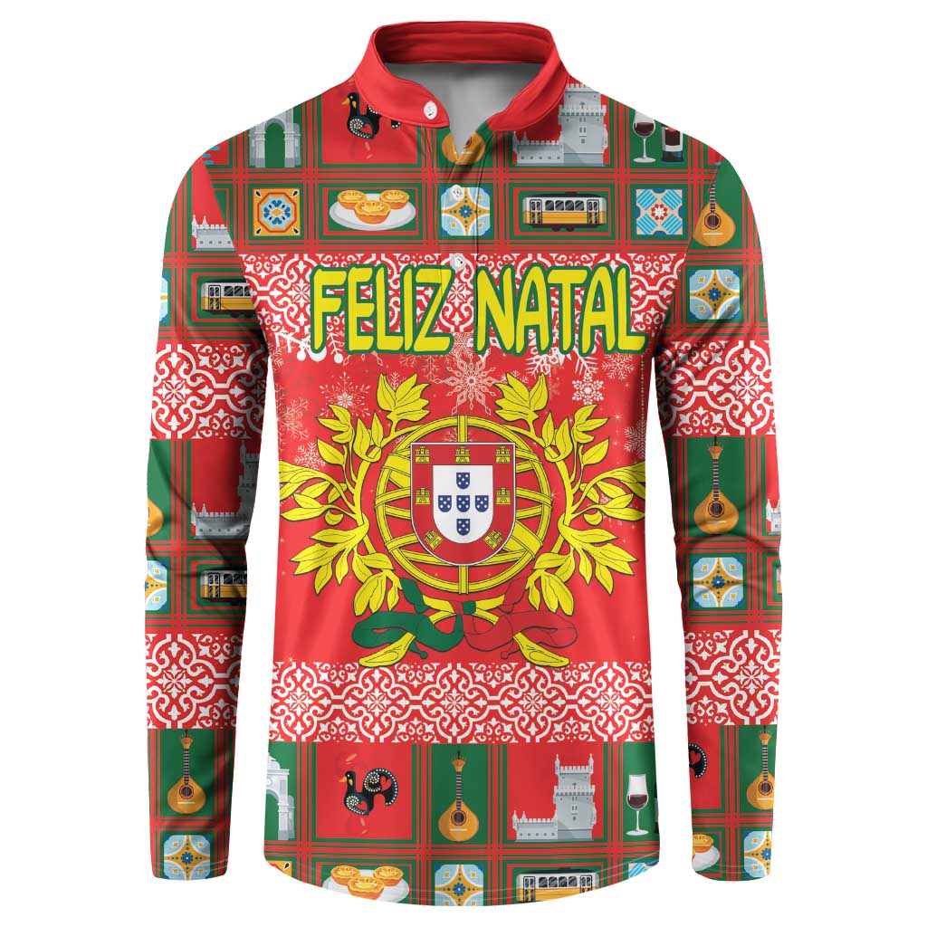 Red button-up sweatshirt with Feliz Natal graphic and Portuguese coat of arms